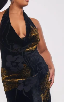 Plus Black Halter Cowl Neck Devore Maxi Dress