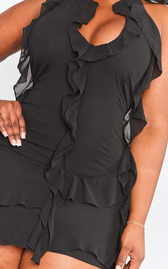 Plus Black Halter Neck Frilled Mini Dress