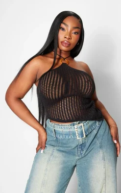 Plus Black Halterneck Ring Detail Asymmetric Knit Top