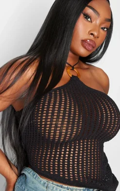 Plus Black Halterneck Ring Detail Asymmetric Knit Top