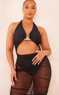 Plus Black Hammered Trim Cut Out Swimsuit