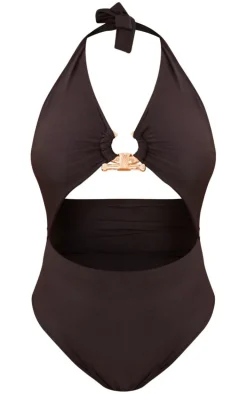 Plus Black Hammered Trim Cut Out Swimsuit