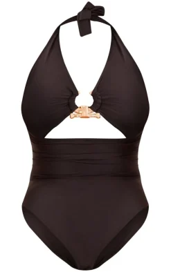 Plus Black Hammered Trim Cut Out Swimsuit