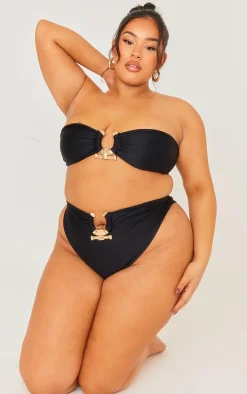 Plus Black Hammered Trim Bandeau Bikini Top