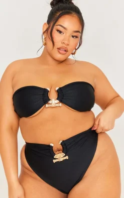 Plus Black Hammered Trim Bandeau Bikini Top