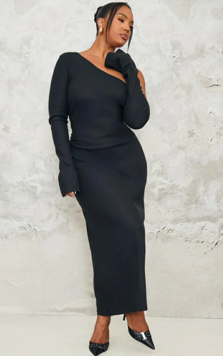 Plus Black Heavy Brushed Asymmetric Ruched Maxi Dress