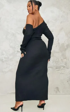 Plus Black Heavy Brushed Asymmetric Ruched Maxi Dress