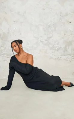 Plus Black Heavy Brushed Asymmetric Ruched Maxi Dress