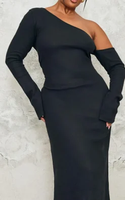 Plus Black Heavy Brushed Asymmetric Ruched Maxi Dress