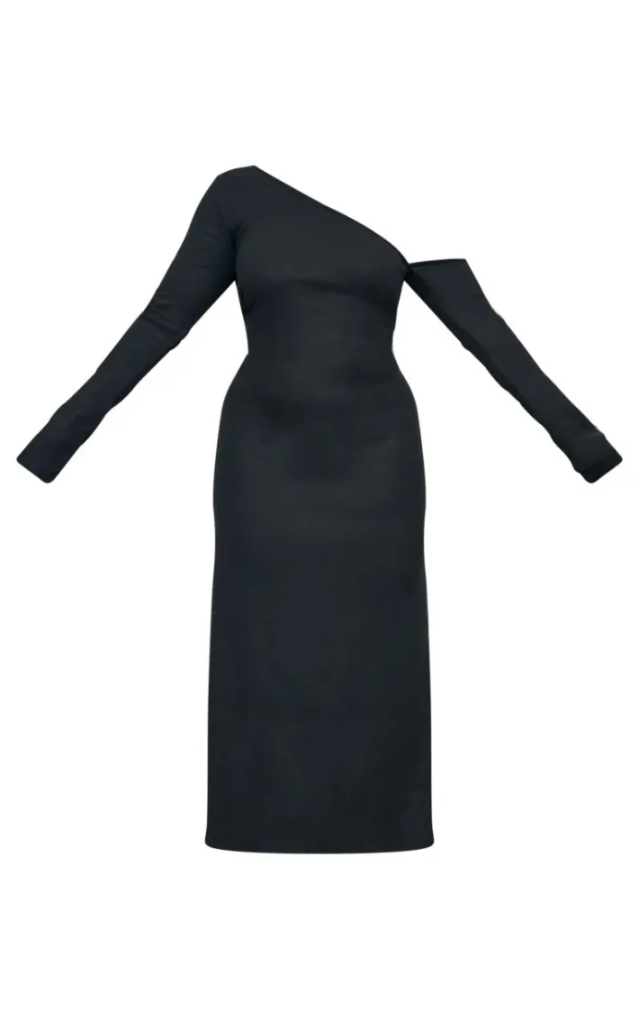 Plus Black Heavy Brushed Asymmetric Ruched Maxi Dress