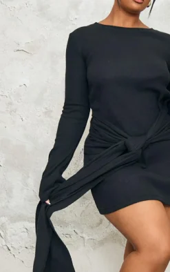 Plus Black Heavy Brushed Rib Wrap Tie Bodycon Dress