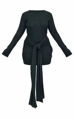 Plus Black Heavy Brushed Rib Wrap Tie Bodycon Dress