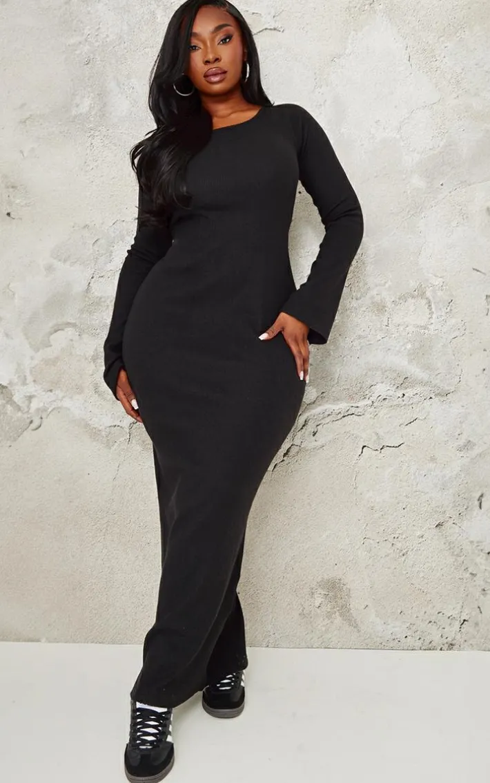 Plus Black Heavy Brushed Rib Tie Back Maxi Dress