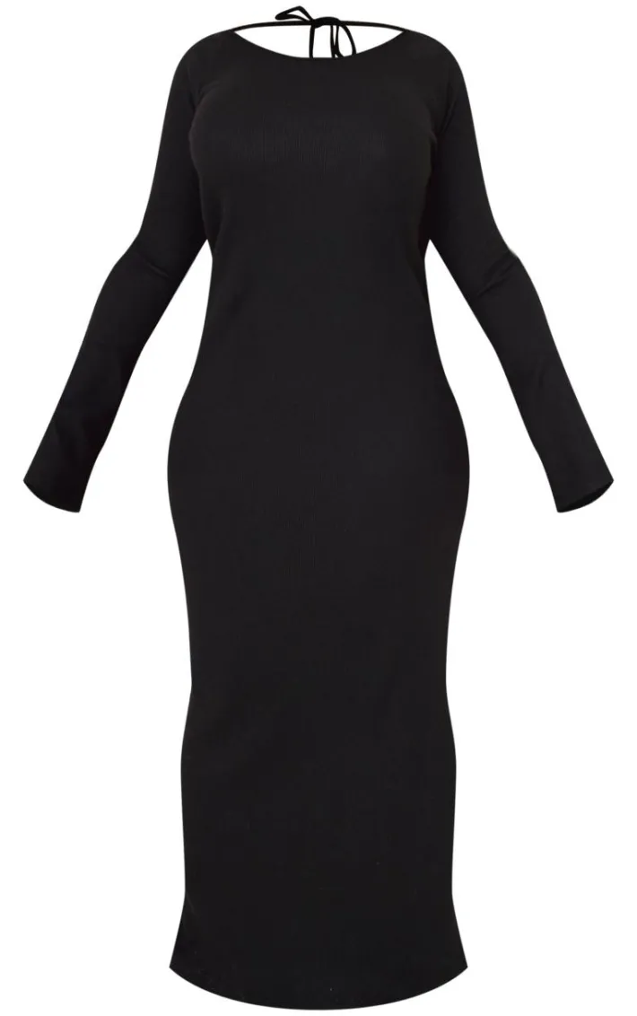 Plus Black Heavy Brushed Rib Tie Back Maxi Dress