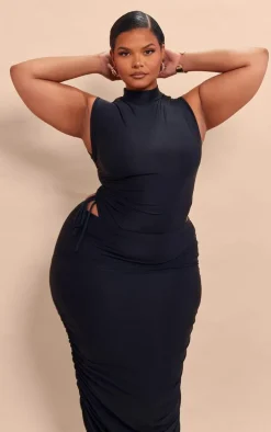 Plus Black High Neck Sleeveless Slinky Bodysuit