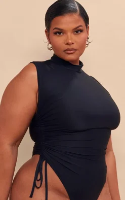 Plus Black High Neck Sleeveless Slinky Bodysuit