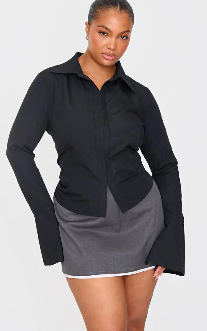 Plus Black Hook And Eye Flare Sleeve Shirt
