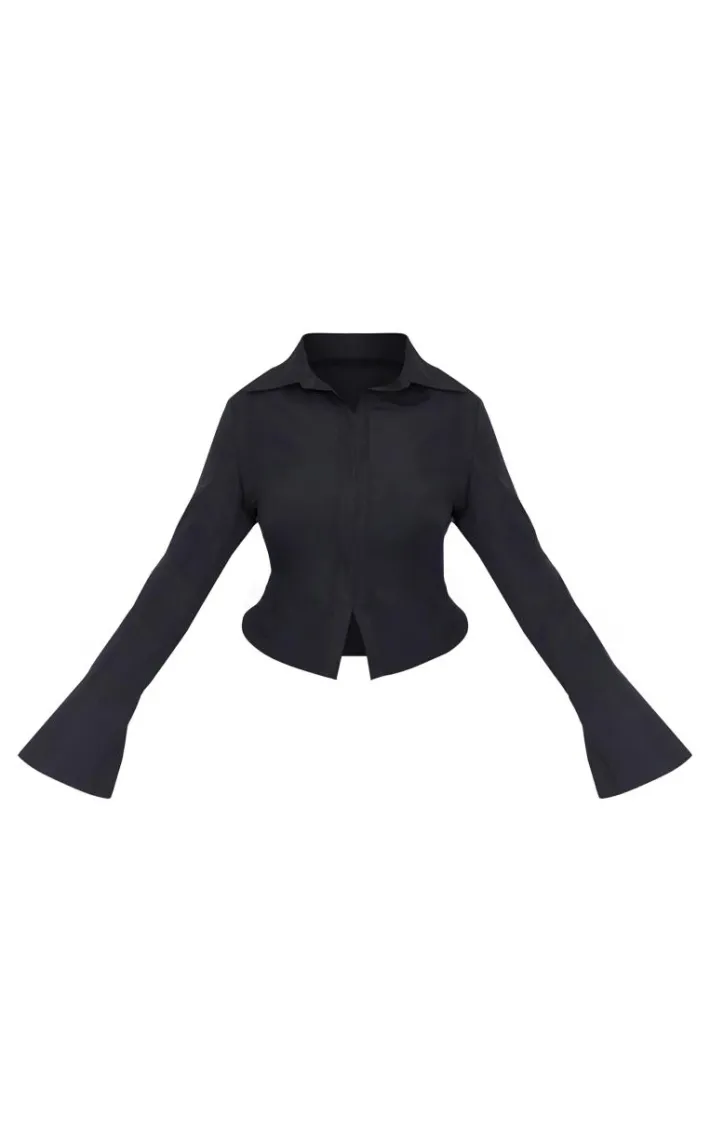 Plus Black Hook And Eye Flare Sleeve Shirt