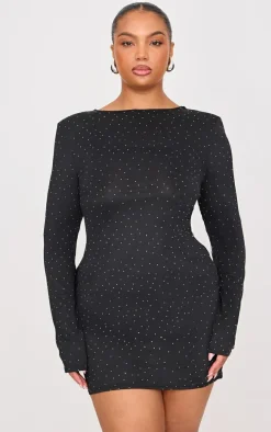 Plus Black Hot Fix Long Sleeve Mini Dress