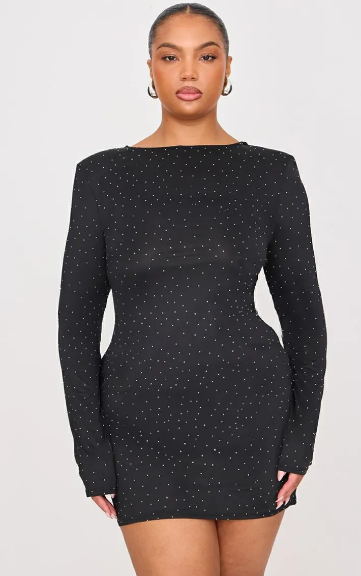 Plus Black Hot Fix Long Sleeve Mini Dress