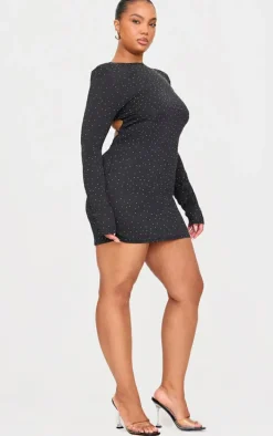 Plus Black Hot Fix Long Sleeve Mini Dress
