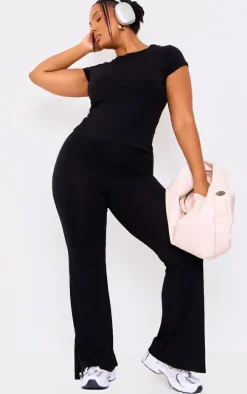 Plus Black Jersey Split Hem Flared Pants