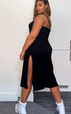 Plus Black Jersey Split Midi Dress
