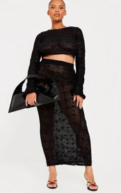 Plus Black Knitted Detail Maxi Skirt
