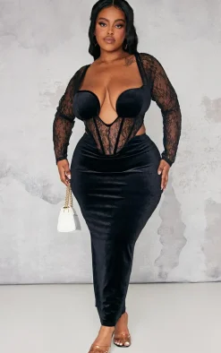 Plus Black Lace Detail Corset Velvet Midaxi Dress