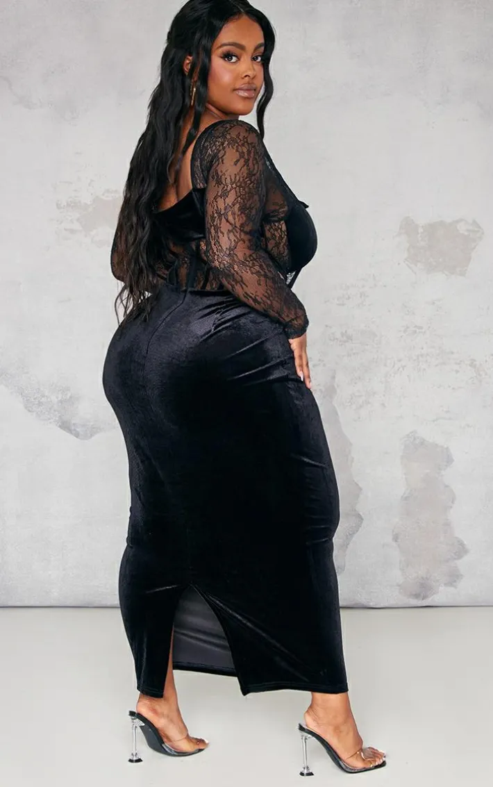 Plus Black Lace Detail Corset Velvet Midaxi Dress