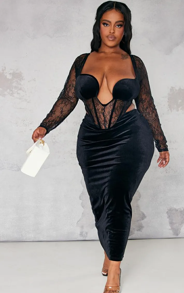Plus Black Lace Detail Corset Velvet Midaxi Dress