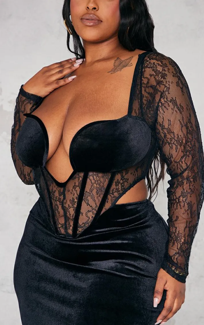 Plus Black Lace Detail Corset Velvet Midaxi Dress