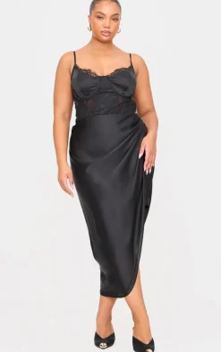Plus Black Lace Insert Cup Detail Ruched Side Midi Dress