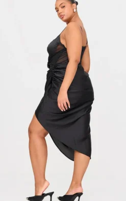 Plus Black Lace Insert Cup Detail Ruched Side Midi Dress