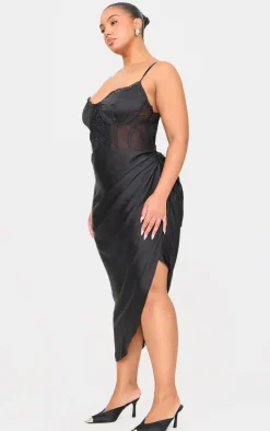 Plus Black Lace Insert Cup Detail Ruched Side Midi Dress