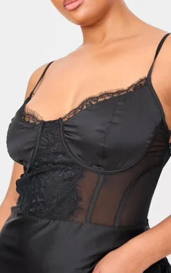 Plus Black Lace Insert Cup Detail Ruched Side Midi Dress