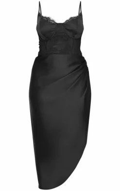 Plus Black Lace Insert Cup Detail Ruched Side Midi Dress