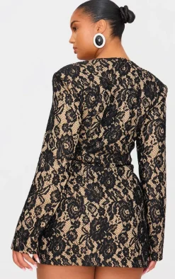 Plus Black Lace Plunge Neck Blazer Dress