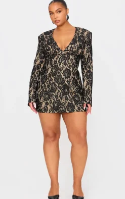 Plus Black Lace Plunge Neck Blazer Dress