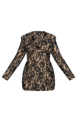 Plus Black Lace Plunge Neck Blazer Dress