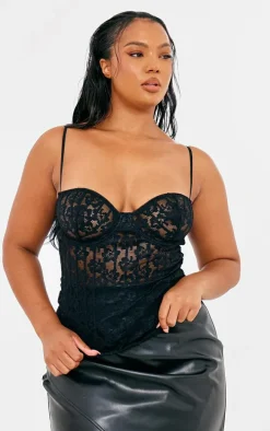 Plus Black Lace Spaghetti Strap Long Corset