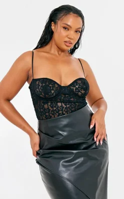 Plus Black Lace Spaghetti Strap Long Corset