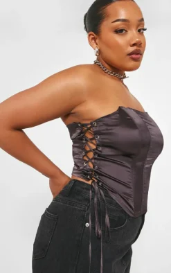 Plus Black Lace Up Satin Seam Detail Corset Top