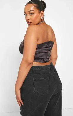 Plus Black Lace Up Satin Seam Detail Corset Top