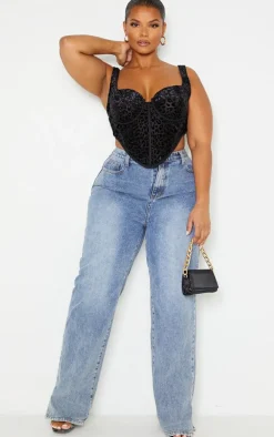 Plus Black Leopard Flocked Print Corset Top
