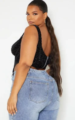 Plus Black Leopard Flocked Print Corset Top