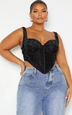 Plus Black Leopard Flocked Print Corset Top