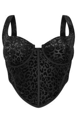 Plus Black Leopard Flocked Print Corset Top