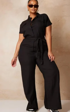 Plus Black Lightweight Belted Utility Jumpsuit