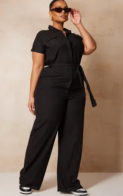 Plus Black Lightweight Belted Utility Jumpsuit